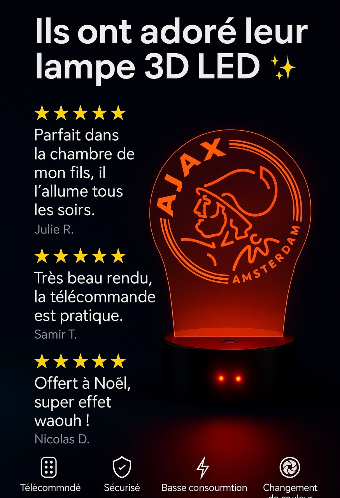 Lampe LED 3D Ajax Amsterdam - Lightix